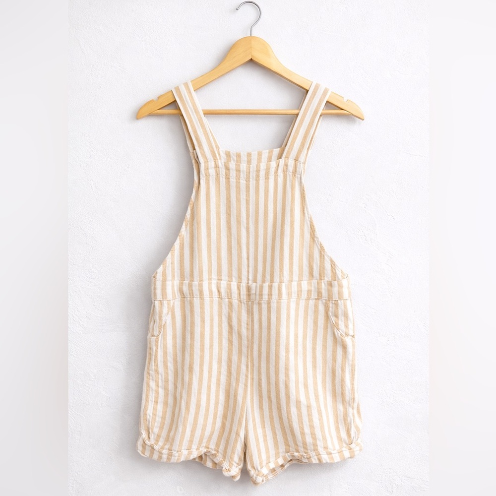 Hollister California Tan White Striped Linen Blend Shortalls Overalls Size M - Picture 3 of 4